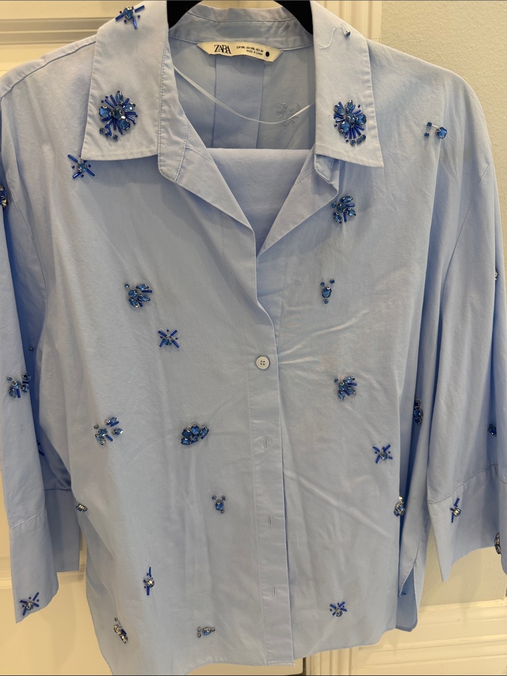 ZARA Pale Blue Beaded Button-Down Shirt and pant set